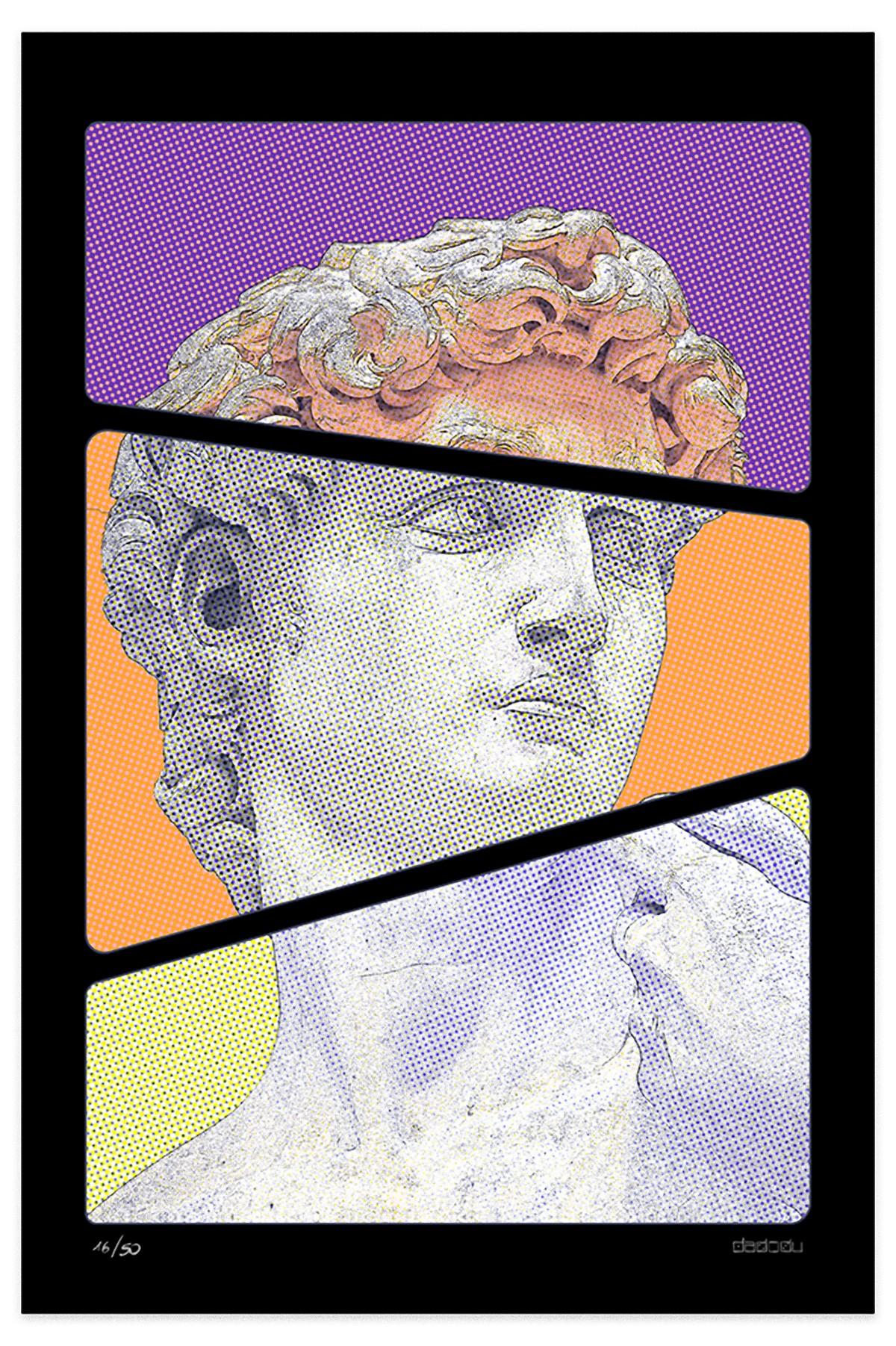 After Michelangelo  is a wonderful  giclée print realized by the contemporary artist  Dadodu  in 2008.

This original artwork is a reinterpretation of famous sculpture of the David  by Michelangelo  in a contemporary key with a close-up on the