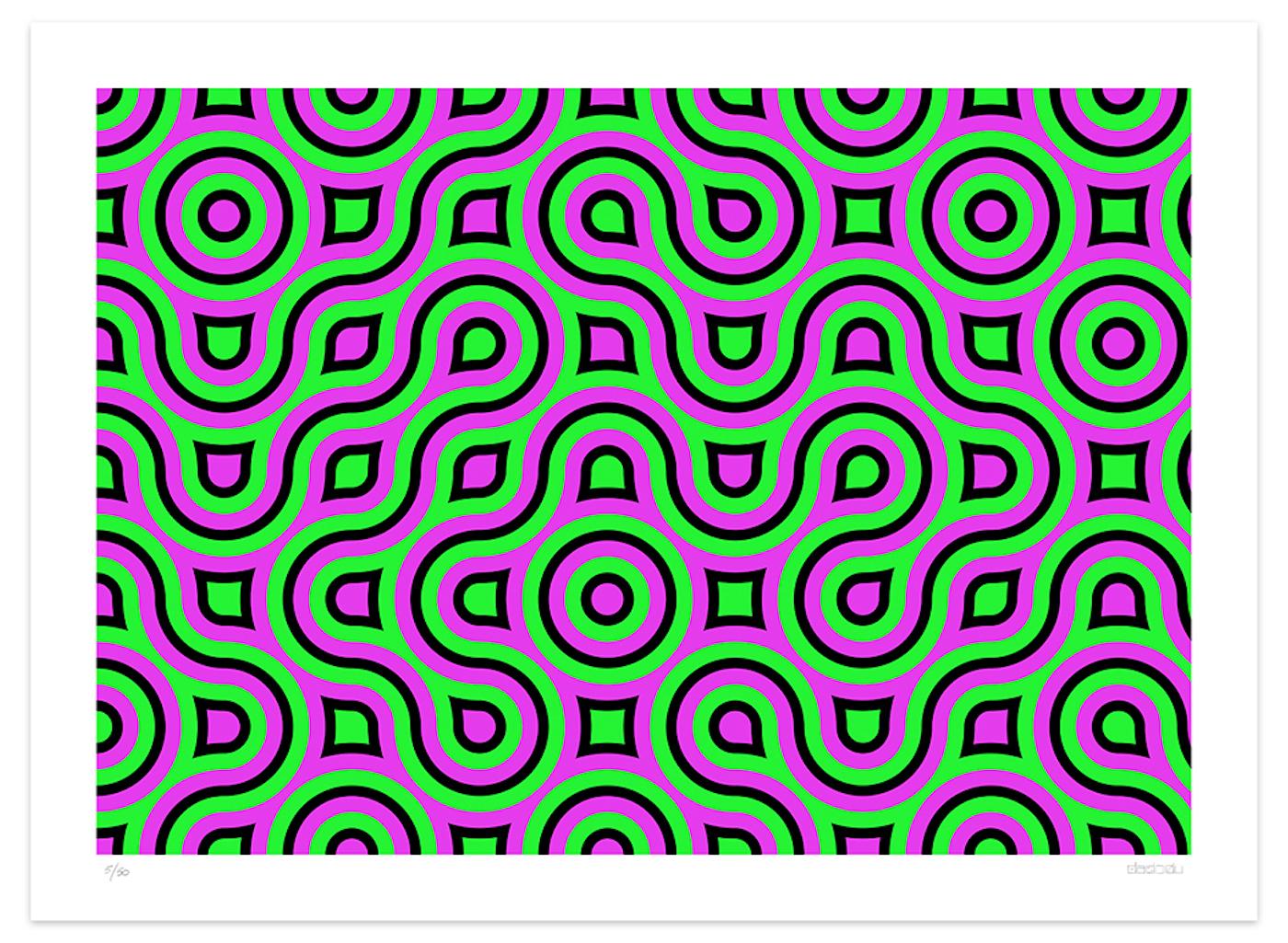 Dimensions de l'image 49 x 70 cm.

Aorta est une incroyable impression giclée réalisée par l'artiste contemporain Dadodu en 2008.

Cette œuvre d'art originale représente des chemins verts et fuchsia avec un contour noir.

Signé à la main en bas à