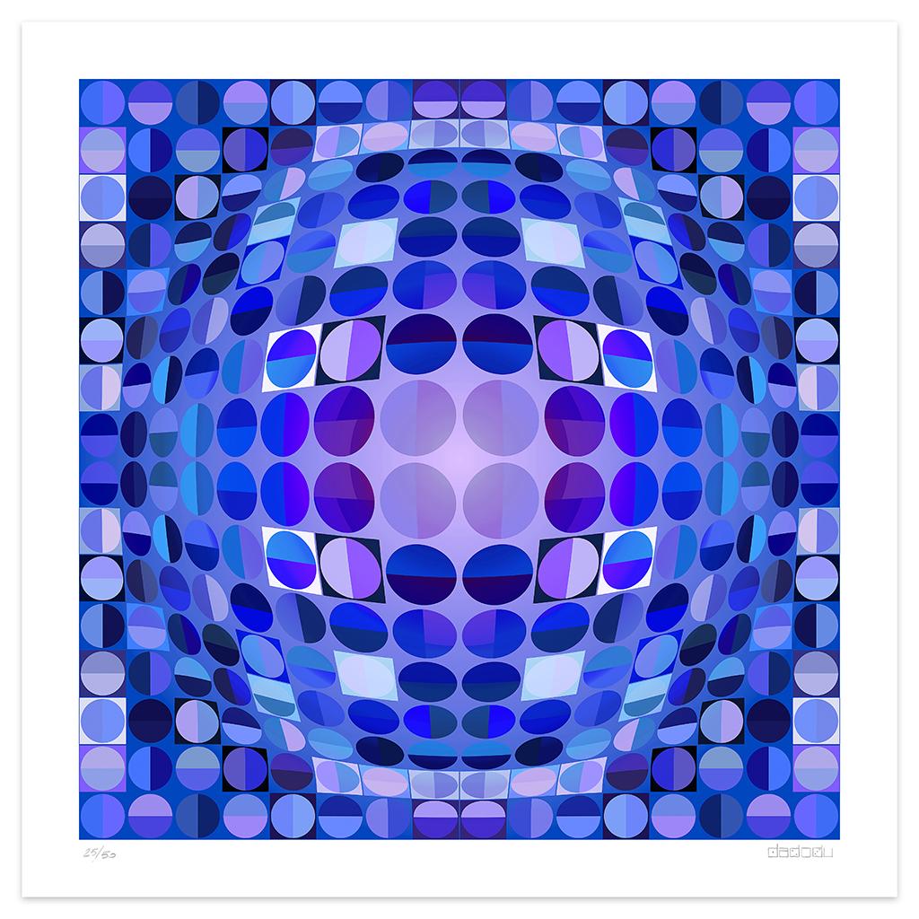 Blue Composition  is an incredible  giclée print realized by the contemporary artist Dadodu  in 2010.

This original artwork represents a blue abstract composition with lit up squares recalling a mirror ball.

Hand-signed on the lower right corner