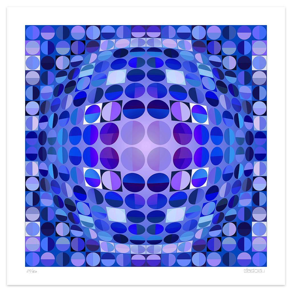 Image dimensions 70 x 70 cm.

This original artwork represents a blue abstract composition with lit up squares recalling a mirror ball.

Hand-signed on the lower right corner "Dadodu" and numbered on the lower left. Edition of 50 prints in Arabic