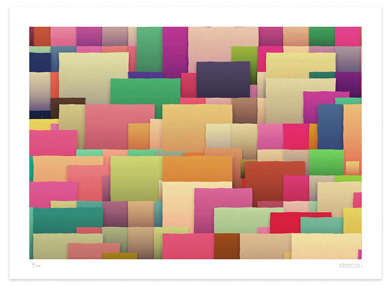 Business Card  is an lovely  giclée print realized by the contemporary artist Dadodu in 2003.

This original artwork represents a colorful mosaic of overlapping pieces of paper.

Hand-signed on the lower right corner "Dadodu" and numbered on the
