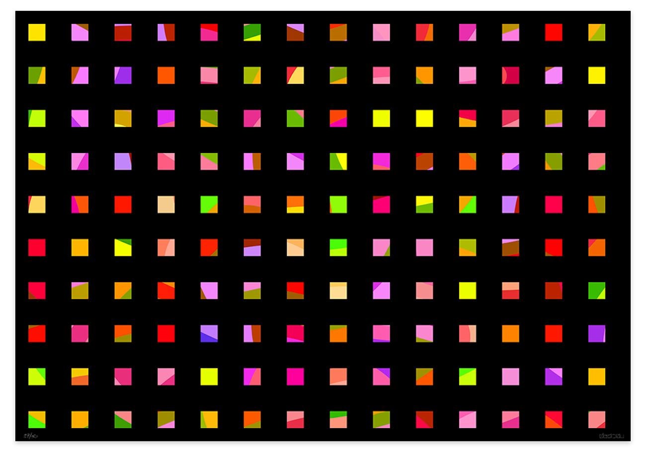 Image dimensions 69 x 99 cm

Candy Wrapper 3 is a beautiful giclée print realized by the contemporary artist Dadodu in 2009.

This original artwork is divided into small squares filled with mismatching colorful shapes on a black