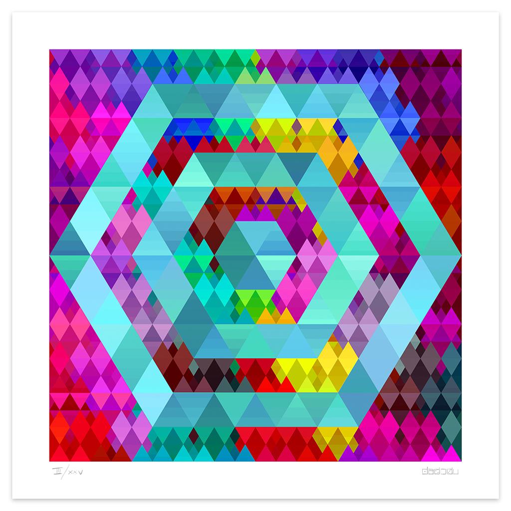 Color Hexagon  is a beautiful  giclée print realized by the contemporary artist Dadodu  in 2013.

This original artwork represents a light blue hexagon in the middle of a colorful background.

Hand-signed on the lower right corner "Dadodu" and