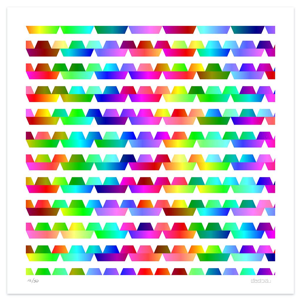 Image dimensions: 70 x 70 cm.

Color Waves is a beautiful giclée print realized by the contemporary artist Dadodu in 2013.

This original artwork represents a series of colorful flattened shapes above a white background.

Hand-signed on the lower