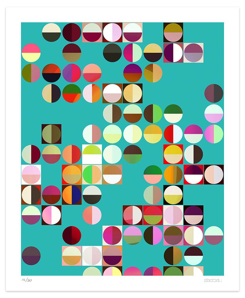 Colored Composition  is an amazing  giclée print realized by the contemporary artist Dadodu  in 2010.

This original artwork represents an abstract composition with colorful circles on a green background.

Hand-signed on the lower right corner