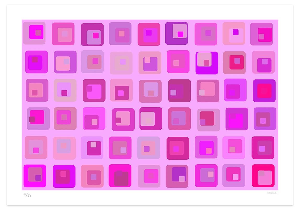 Dimensions de l'image 46,5 x 70 cm.

Covalent Bond est une giclée rose réalisée par l'artiste contemporain Dadodu en 2007.

Cette œuvre d'art originale représente des carrés roses superposés de différentes dimensions disposés comme une