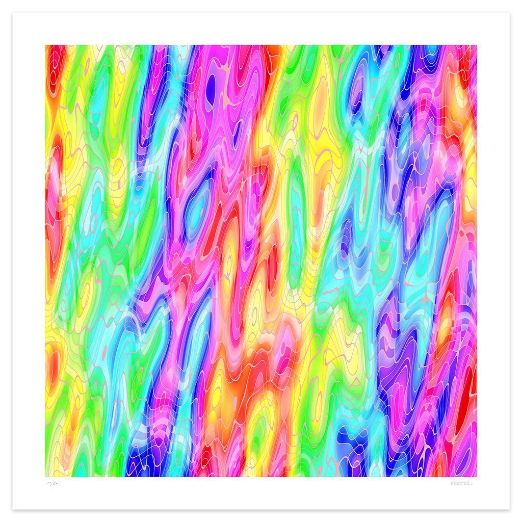Image dimensions 70 x 70 cm

Dimension 1 is a colorful giclée print realized by the contemporary artist Dadodu in 2012.

This original iridescent artwork represents an abstract composition with bright colors and pink lines.

Hand-signed on the lower