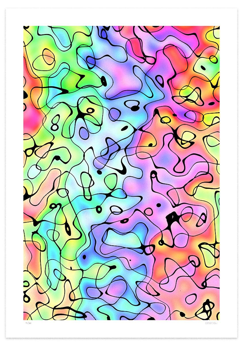 Dimension 3  is a colorful  giclée print realized by the contemporary artist Dadodu in 2012.

This original iridescent artwork represents an abstract composition with vivid colors and black lines.

Hand-signed on the lower right corner "Dadodu" and