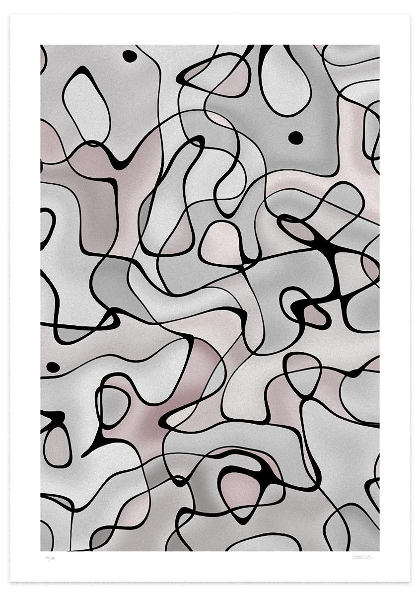 Dimension 4  is a colorful  giclée print realized by the contemporary artist Dadodu in 2012.

This original artwork represents an abstract composition with warm and cold shades of gray and black lines.

Hand-signed on the lower right corner "Dadodu"