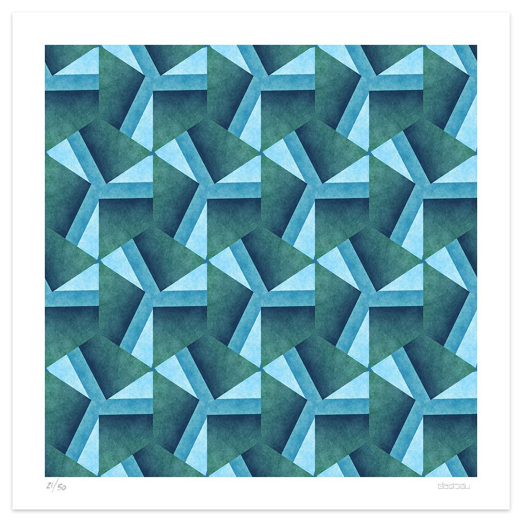 Escape 2 est une splendide impression giclée réalisée par l'artiste contemporain Dadodu en 2014.

Cette œuvre d'art originale montre une belle composition abstraite avec des formes vert foncé et bleues.

Signé à la main dans le coin inférieur droit