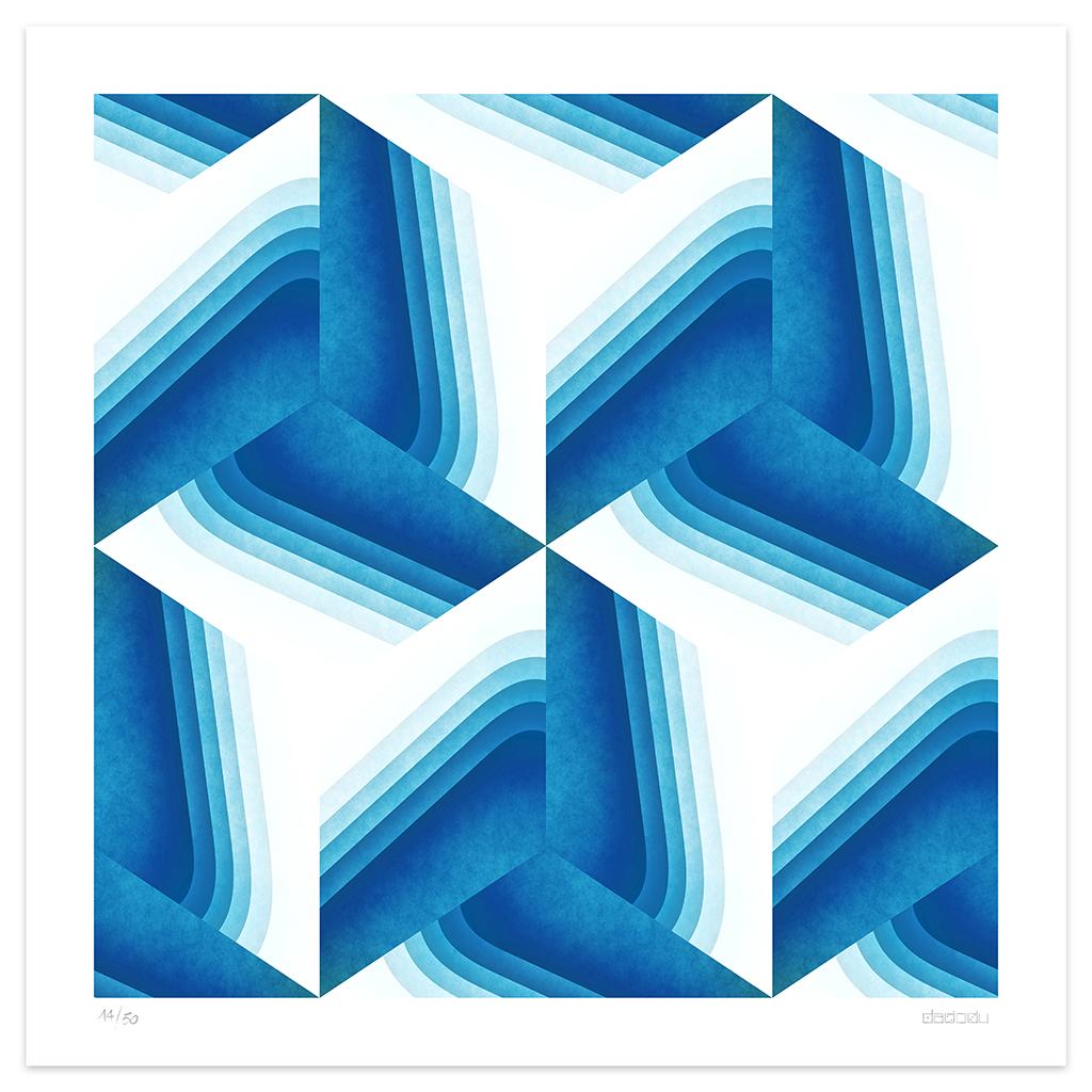 Escape 4 est une splendide impression giclée réalisée par l'artiste contemporain Dadodu en 2014.

Cette œuvre d'art originale montre une composition abstraite hypnotique avec des formes blanches et bleues.

Signé à la main dans le coin inférieur