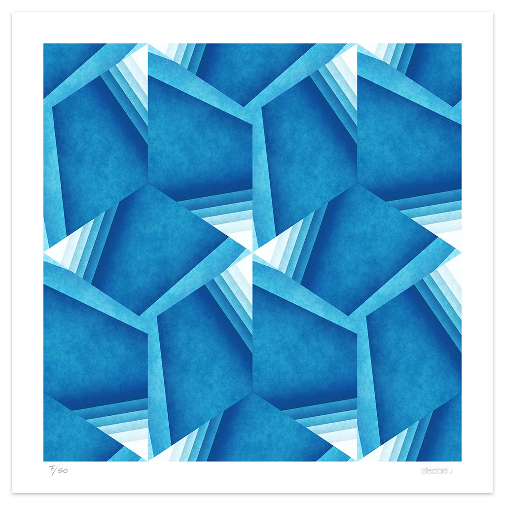 Escape 5 est une splendide impression giclée réalisée par l'artiste contemporain Dadodu en 2014.

Cette œuvre d'art originale montre une composition abstraite hypnotique avec des formes blanches et bleues.

Signé à la main en bas à droite "Dadodu"