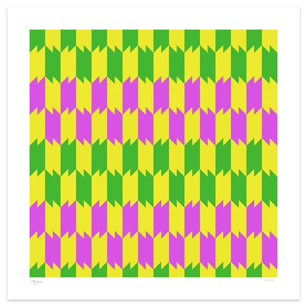 Image dimensions 60 x 60 cm.

Fantail 1 is a mesmerizing giclée print realized by the contemporary artist Dadodu in 2011.

This original artwork represents an abstract composition with zig-zagged pink, yellow, and green thick lines.

Hand-signed on