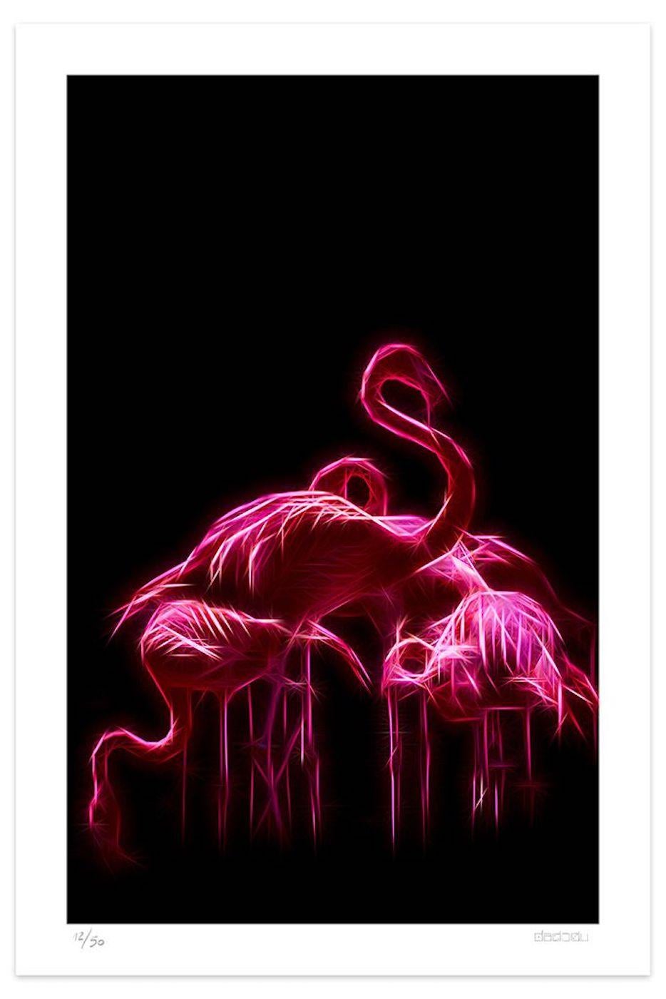 Dimensions de l'image : 90 x 56,4 cm.

Flamingos est une élégante impression giclée réalisée par le groupe d'artistes contemporains Dadodu en 2019.

Cette œuvre d'art originale représente des flamants roses avec des lumières néon sur un fond
