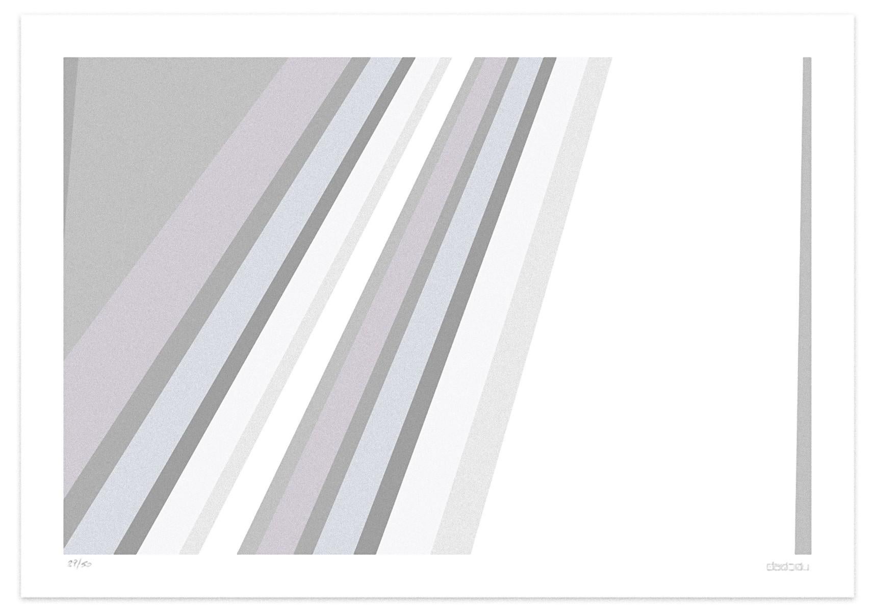 Free Fall  is an enchanting  giclée print realized by the contemporary artist  Dadodu in 2018.

This original artwork represents an abstract composition with white and gray stripes in diagonal.

Hand-signed on the lower right corner "Dadodu" and