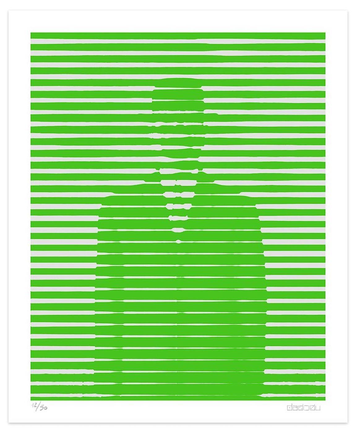 Image dimensions: 60 x 48.1 cm.

Green And Grey Lines is an elegant giclée print realized by the contemporary artist Dadodu in 2016.

This original artwork represents Decalcomanie by René Magritte with horizontal white lines on a green