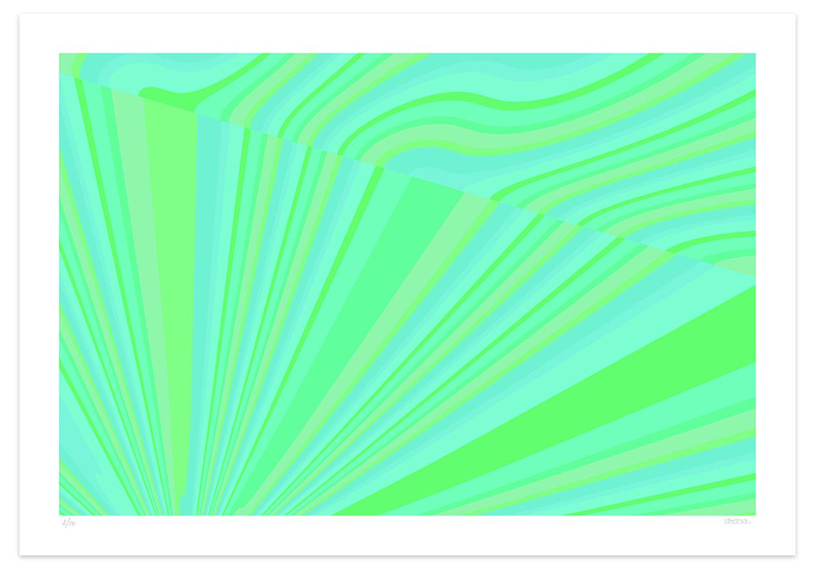 Greenfall ist ein abstrakter Giclée-Druck des zeitgenössischen Künstlers Dadodu aus dem Jahr 2018.

Dieses Original-Kunstwerk stellt eine abstrakte grüne und blaue Komposition in scharfer Perspektive dar.

Handsigniert in der rechten unteren Ecke