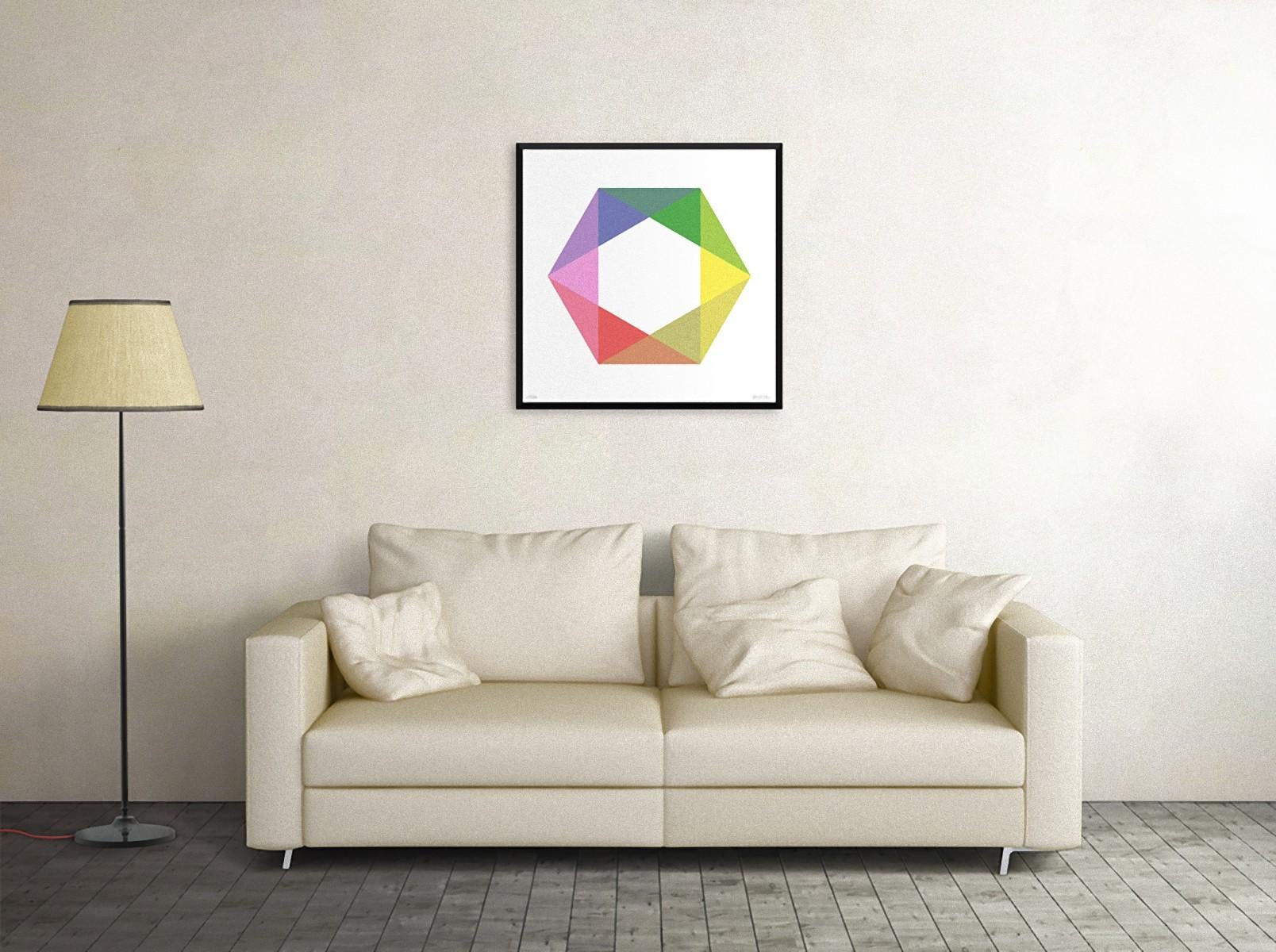 Hommage à Max Bill  is a beautiful  giclée print realized by the contemporary artist Dadodu  in 2013.

This original artwork represents a colorful hexagon in the center of a white background.

Hand-signed on the lower right corner 