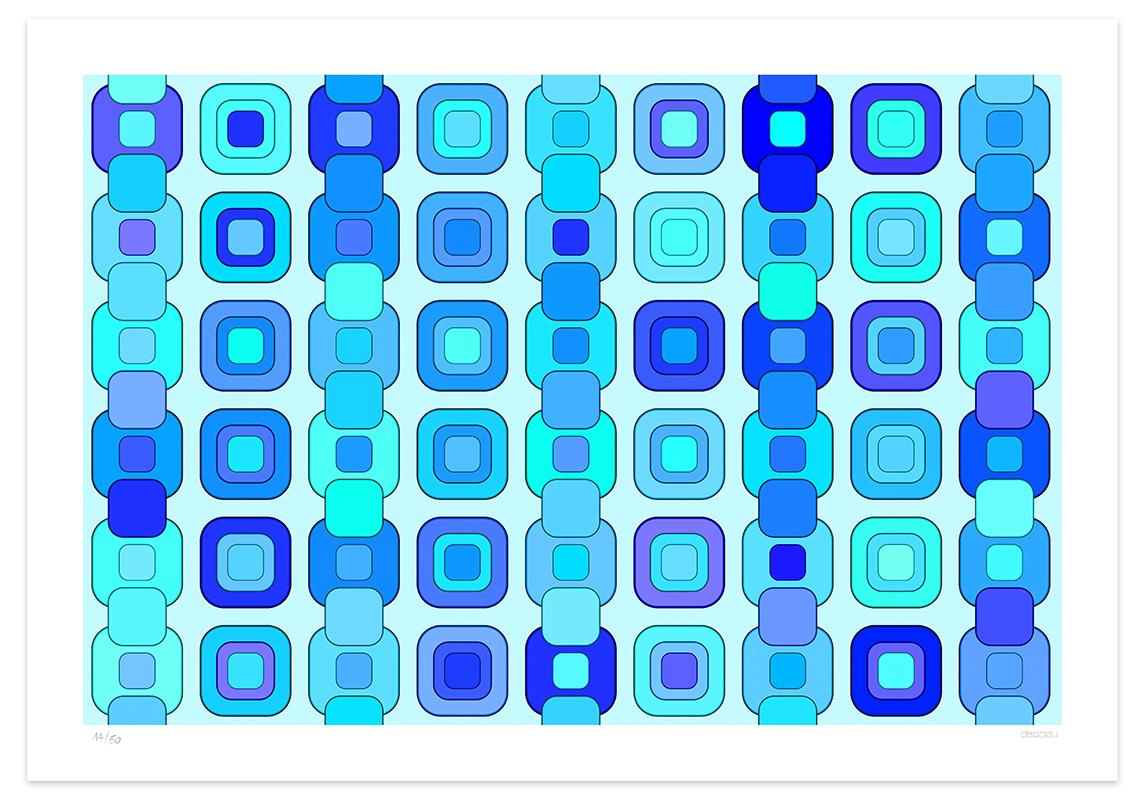 Image dimensions 46.5 x 70 cm.

Ionic Bond is a blue giclée print realized by the contemporary artist Dadodu in 2007.

This original artwork represents overlapping blue squared shapes of different dimensions arranged in a way to resemble a