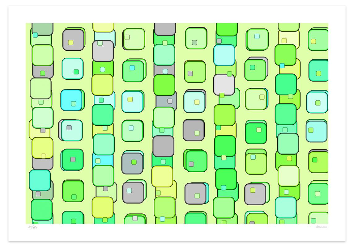 Image dimensions 46.5 x 70 cm.

Metallic Bond is a green giclée print realized by the contemporary artist Dadodu in 2007.

This original artwork represents overlapping green squared shapes of different dimensions arranged in a way to resemble a