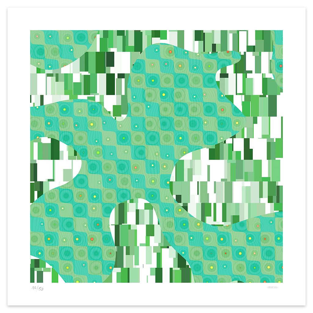 Image dimensions 60 x 60 cm.

Modular is an amazing giclée print realized by the contemporary artist Dadodu in 2003.

This original artwork represents various chaotically overlapping shapes of different colors on the green tone.

Hand-signed on the