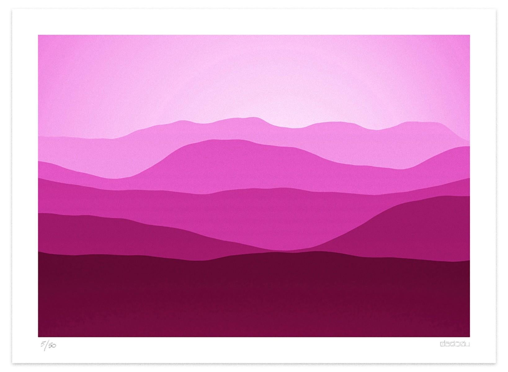 Morning Breeze  is a lovely  giclée print realized by the contemporary artist Dadodu in 2011.

This original artwork represents an aerial view on mountains fading in the distance with a pink light.

Hand-signed on the lower right corner "Dadodu" and