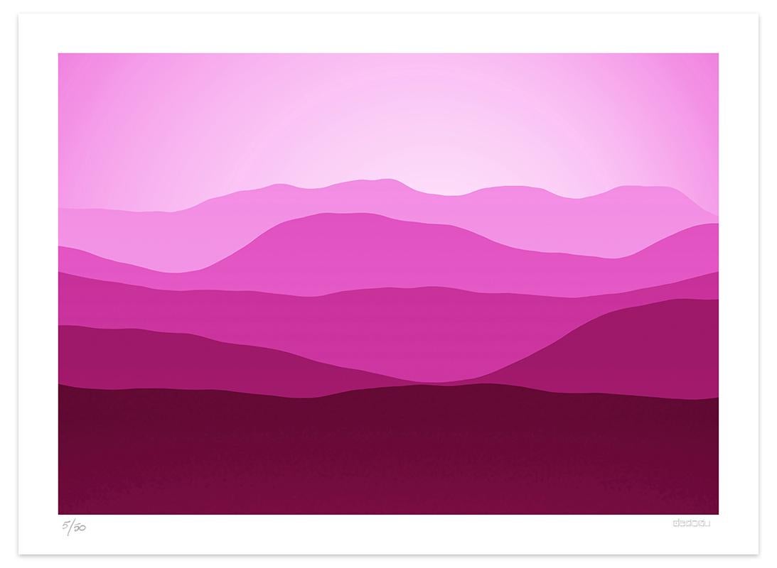 Image dimensions 63 x 90 cm.

Morning Breeze is a lovely giclée print realized by the contemporary artist Dadodu in 2011.

This original artwork represents an aerial view on mountains fading in the distance with a pink light.

Hand-signed on the