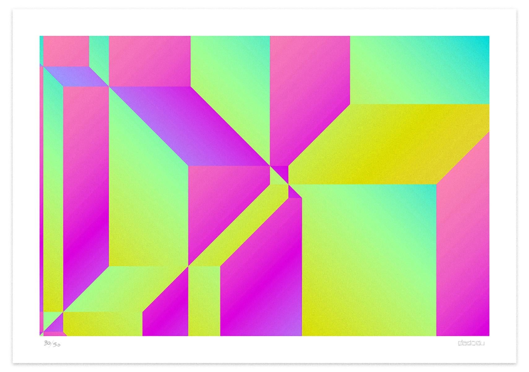 Moving Walls  is a colorful  giclée print realized by the contemporary artist  Dadodu in 2018.

This original artwork represents an overlap of soft curving shapes with green and fuchsia hues.

Hand-signed on the lower right corner "Dadodu" and