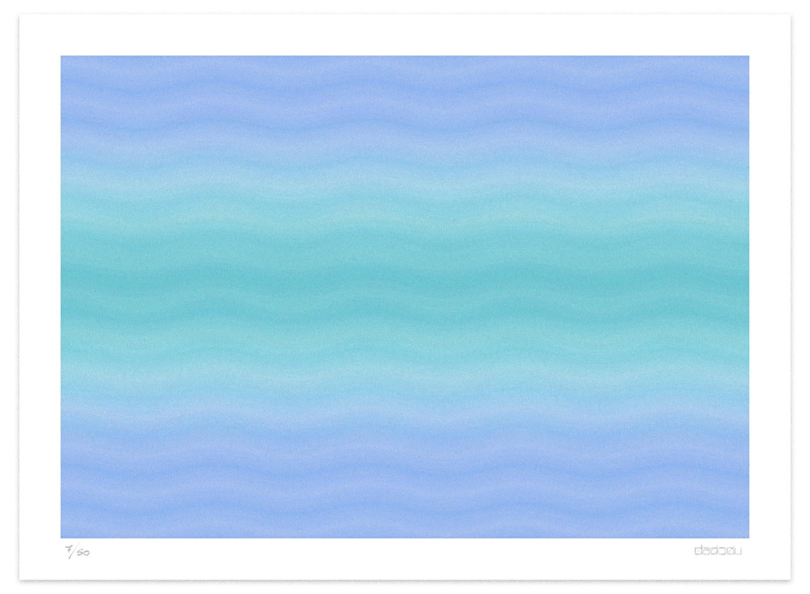 Paradise  is a peaceful  giclée print realized by the contemporary artist Dadodu in 2011.

This original artwork represents a light blue abstract composition with horizontal wavy lines fading in each other.

Hand-signed on the lower right corner