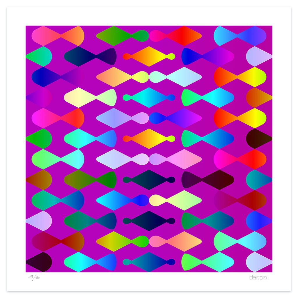 Image dimensions: 70 x 70 cm.

Pawns is a beautiful giclée print realized by the contemporary artist Dadodu in 2013.

This original artwork represents a series of colorful flattened pawns floating on a purple background.

Hand-signed on the lower