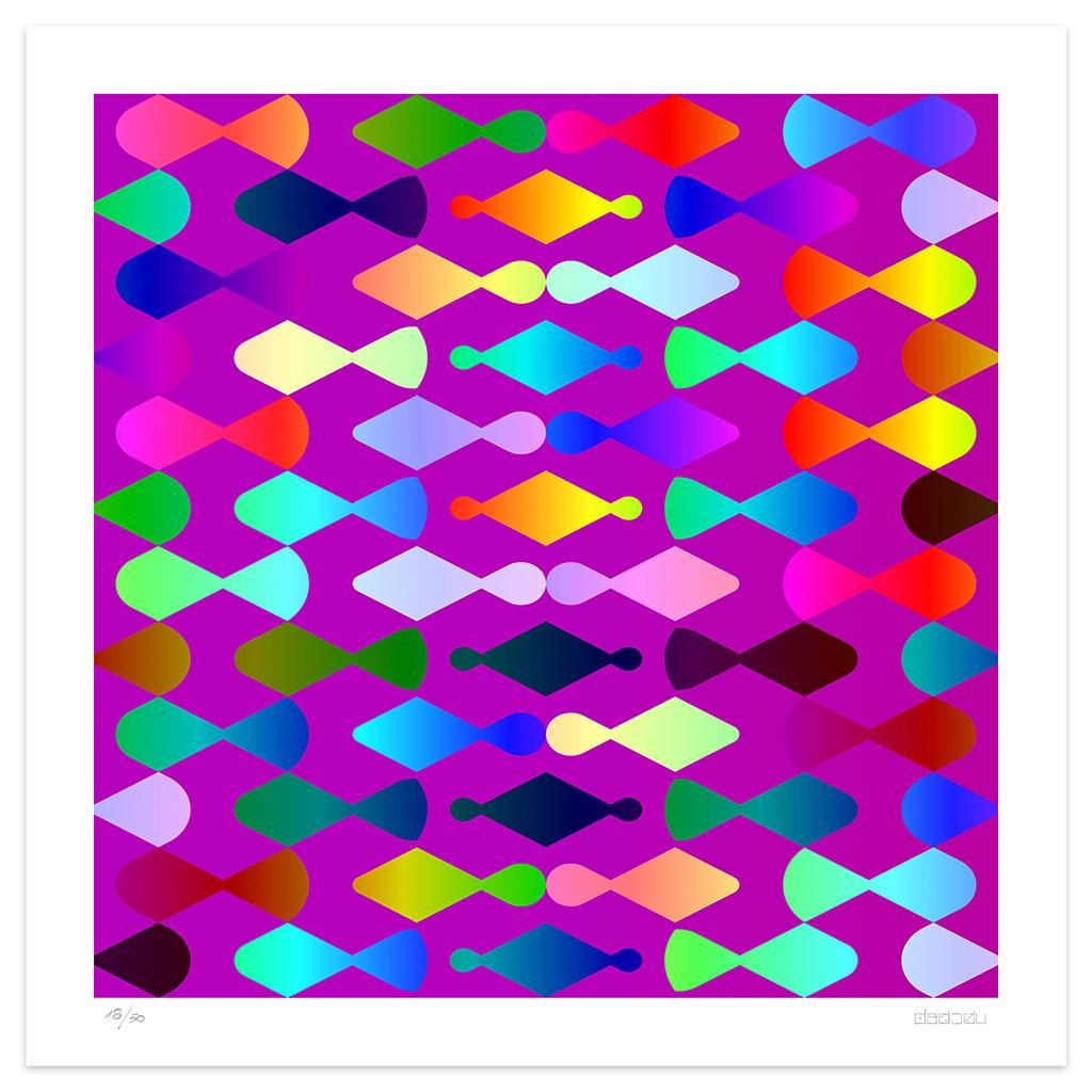 Pawns  is a beautiful  giclée print realized by the contemporary artist Dadodu  in 2013.

This original artwork represents a series of colorful flattened pawns floating on a purple background.

Hand-signed on the lower right corner "Dadodu" and