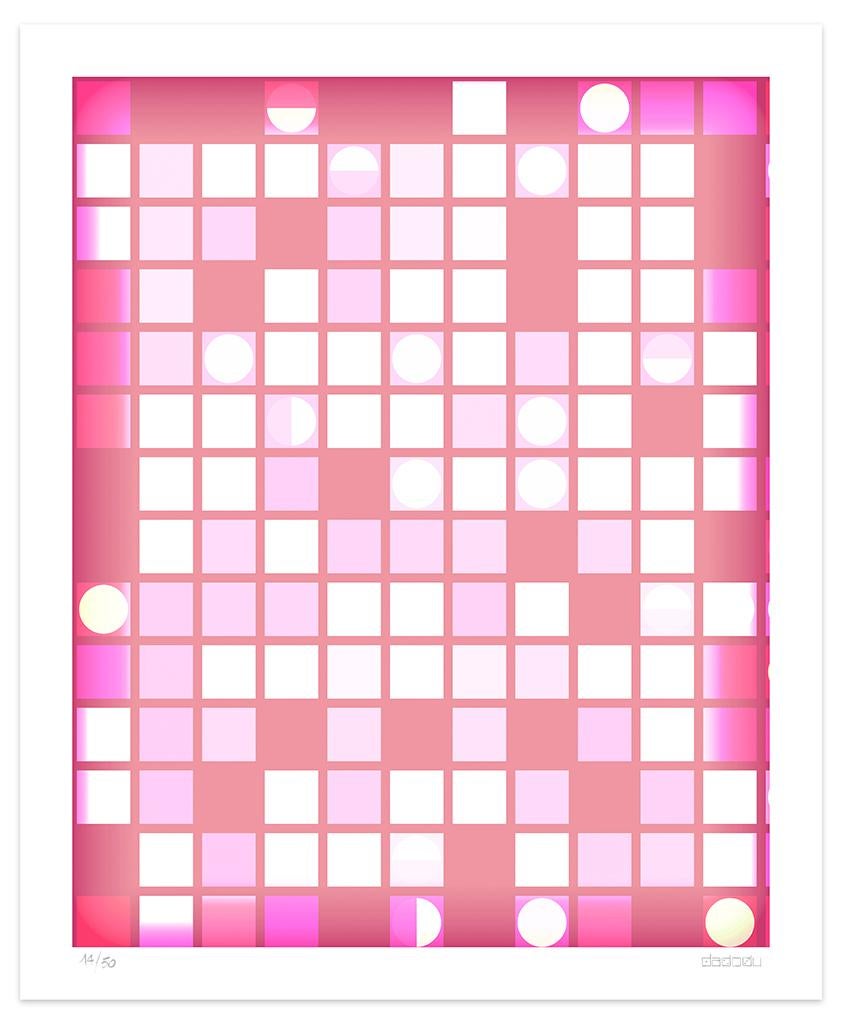 Pink Composition  is a lovely  giclée print realized by the contemporary artist Dadodu  in 2010.

This original artwork represents a pink abstract composition with lit up squares resembling a mirror ball.

Hand-signed on the lower right corner