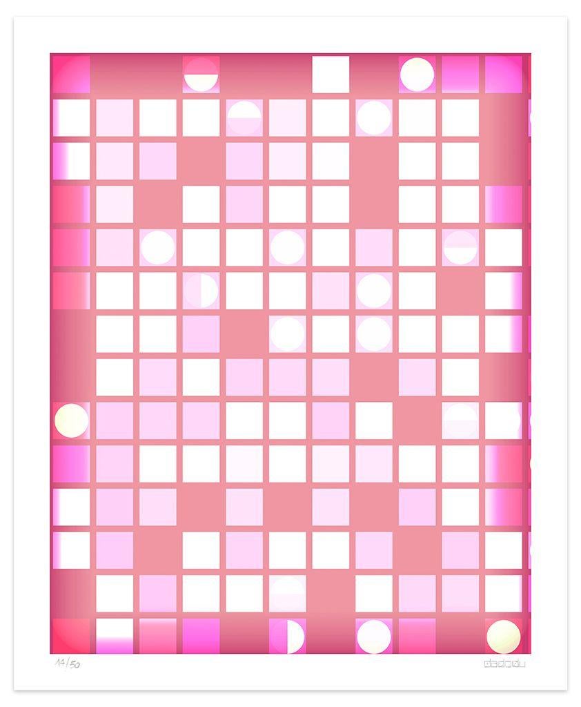 Dimensions de l'image 70 x 56,1 cm.

Pink Composition est une belle impression giclée réalisée par l'artiste contemporain Dadodu en 2010.

Cette œuvre d'art originale représente une composition abstraite rose avec des carrés éclairés ressemblant à