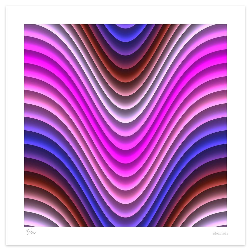 Dimensions de l'image 50 x 50 cm.

Pink Wind est une impression giclée hypnotique réalisée par l'artiste contemporain Dadodu en 2011.

Cette œuvre d'art originale représente une composition abstraite avec des lignes courbes et colorées, l'une à côté