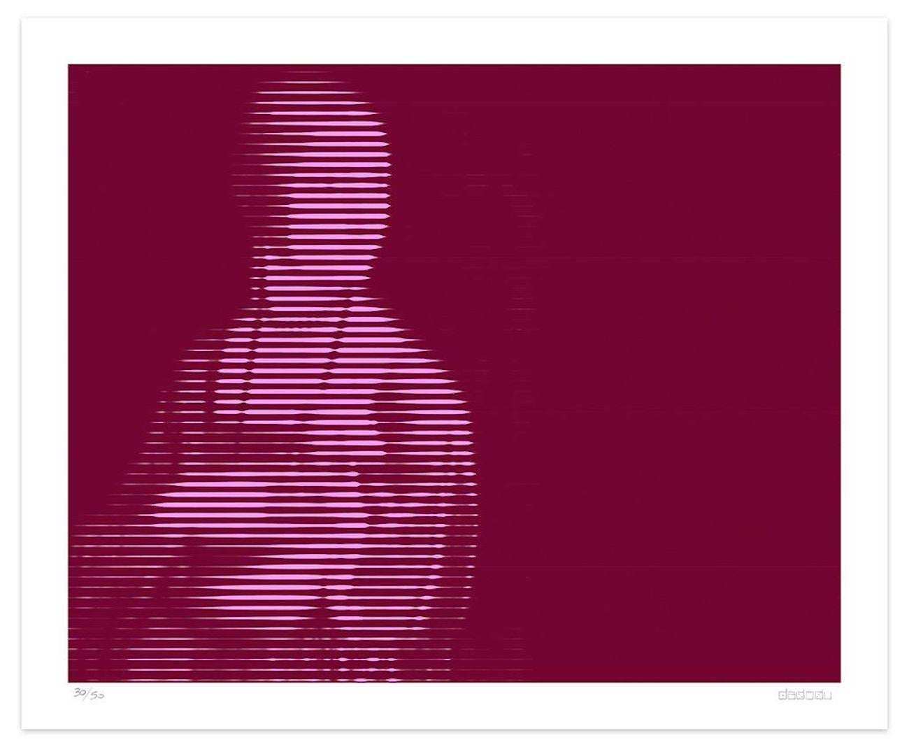 Image dimensions: 60 x 75 cm.

Purple Lines is an outstanding giclée print realized by the contemporary artist Dadodu in 2016.

This original artwork represents Lady with an Ermine by Leonardo da Vinci with horizontal purple lines on a dark red