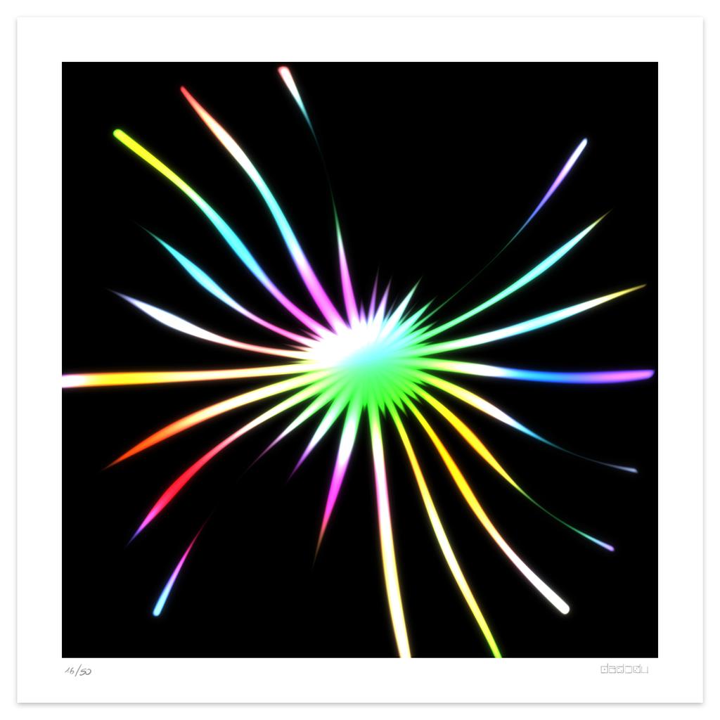 Spiderweb  is a beautiful  giclée print realized by the contemporary artist Dadodu  in 2013.

This original artwork represents a colorful thin shape in the center of a black background.

Hand-signed on the lower right corner "Dadodu" and numbered on