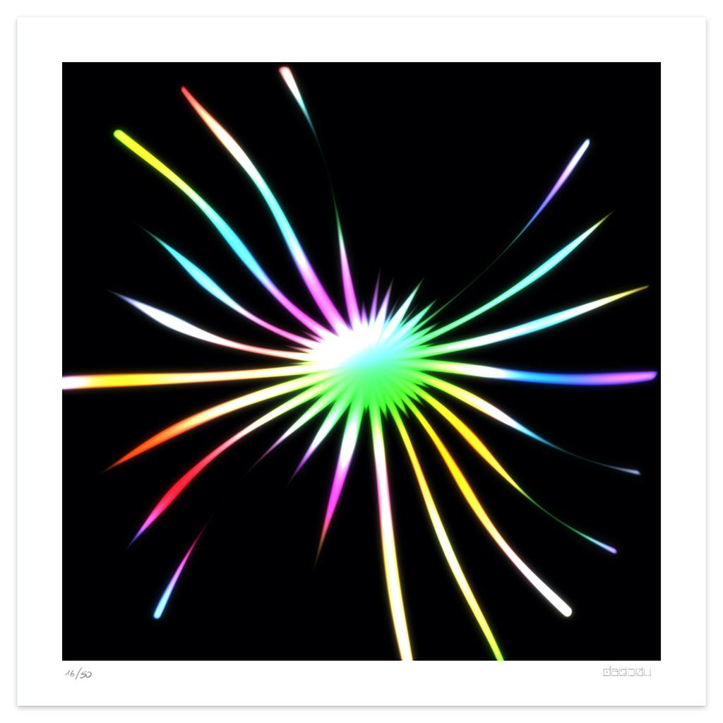 Image dimensions: 50 x 50 cm.

Spiderweb is a beautiful giclée print realized by the contemporary artist Dadodu in 2013.

This original artwork represents a colorful thin shape in the center of a black background.

Hand-signed on the lower right