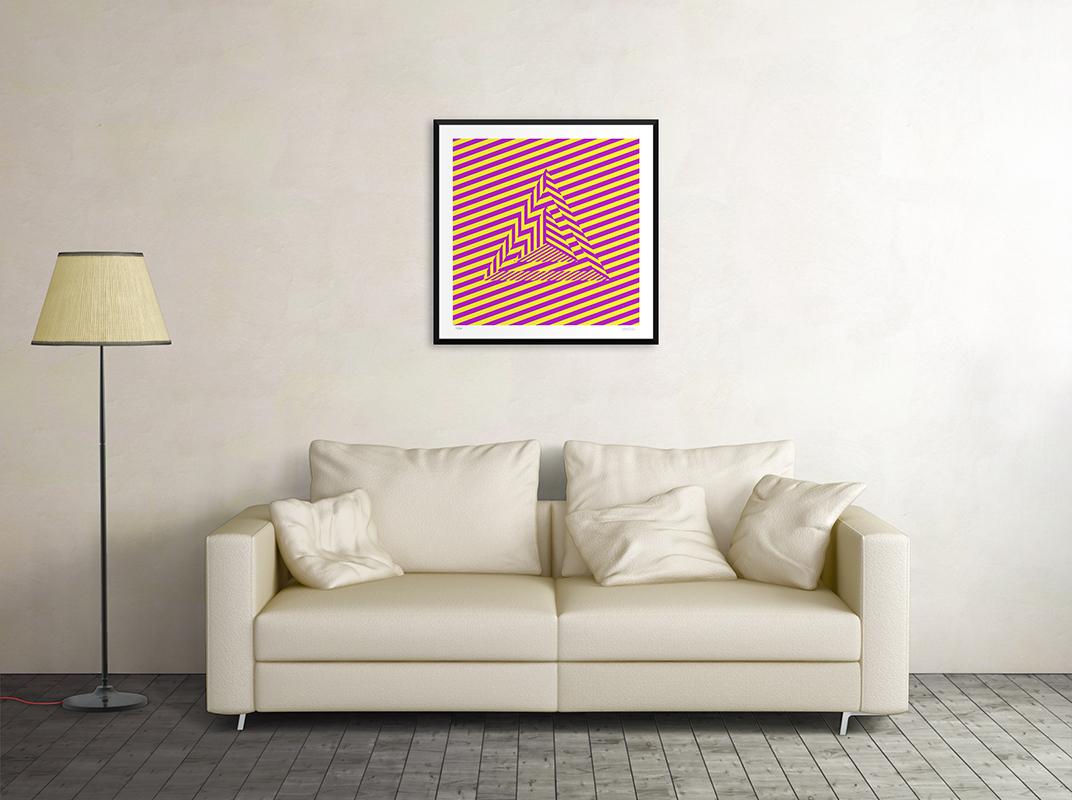Image dimensions 50 x 50 cm.

Stuttgart is a hypnotic giclée print realized by the contemporary artist Dadodu in 2008.

This original artwork represents yellow and purple lines creating a two-dimensional and three-dimensional illusion.

Hand-signed