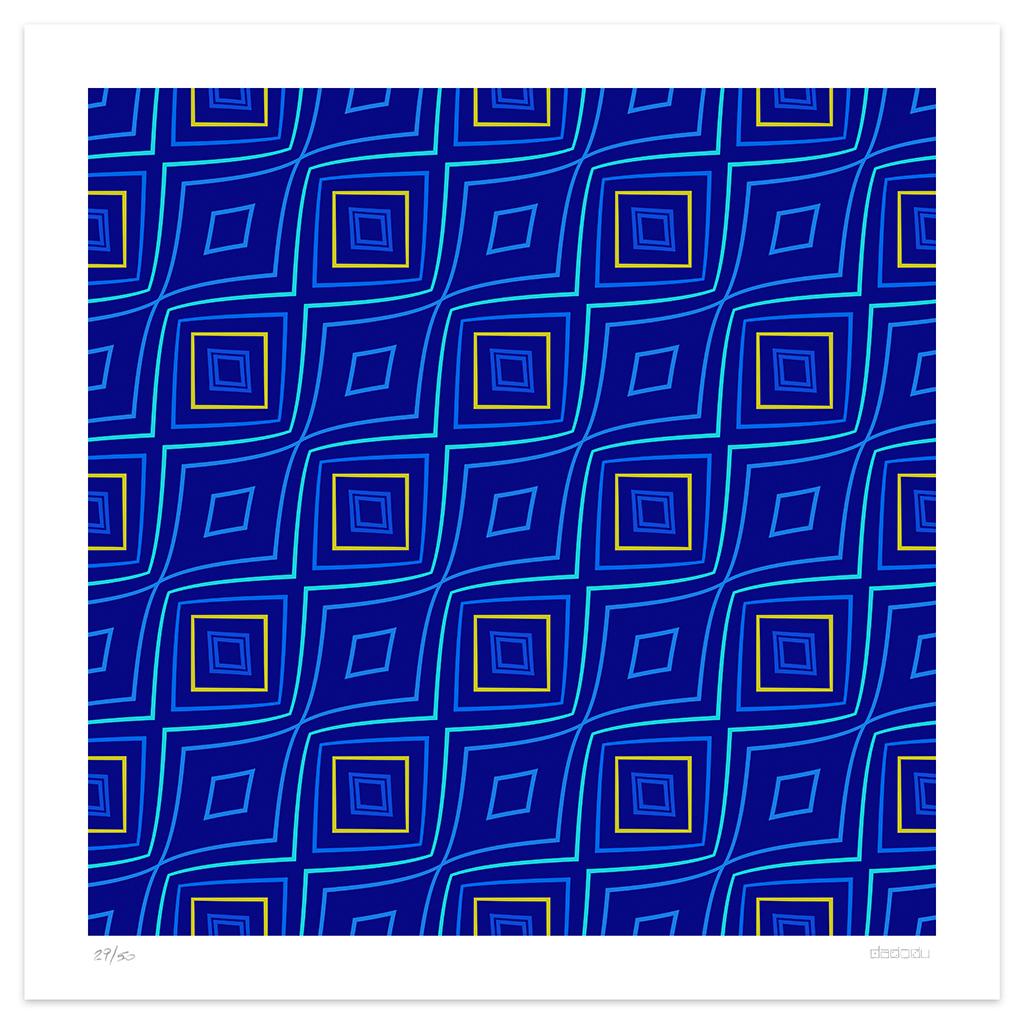 Tassellation 5  is an elegant  giclée print realized by the contemporary artist Dadodu in 2003.

This original artwork represents squares embedded and linked together creating a mesmerizing optical illusion.

Hand-signed on the lower right corner