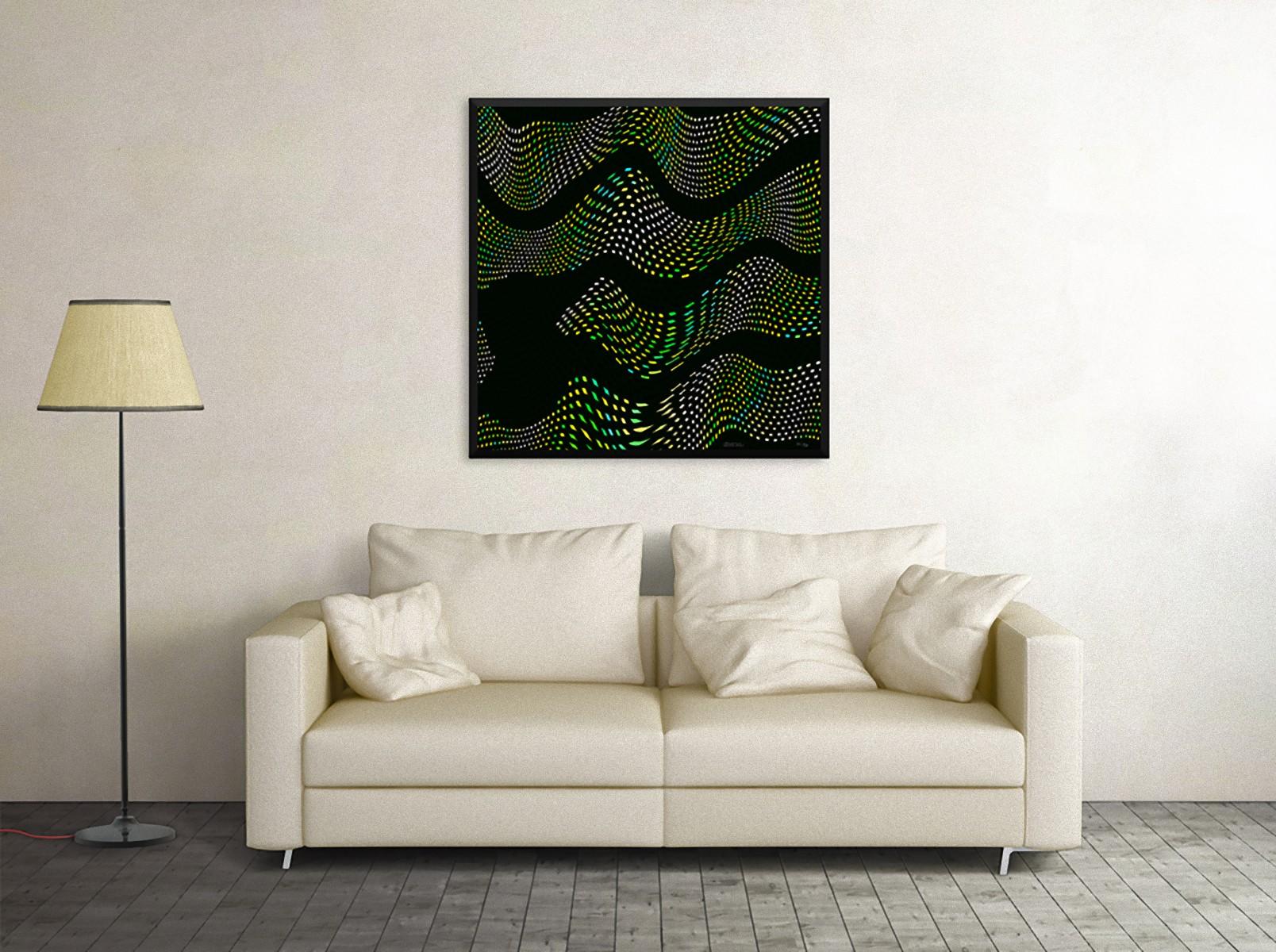 Trumpet B Major  is an enchanting  giclée print realized by the contemporary artist  Dadodu in 2017 .

This original artwork shows an abstract composition with music notes playing in a virtual black space, creating the effect of a melody. This print