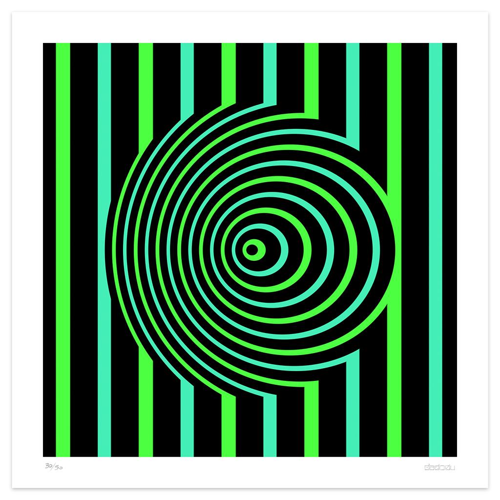 Image dimensions 70 x 70 cm.

Villa Pisani is an incredible giclée print realized by the contemporary artist Dadodu in 2008.

This original artwork represents green and black hypnotic lines.

Hand-signed on the lower right "Dadodu" and numbered on