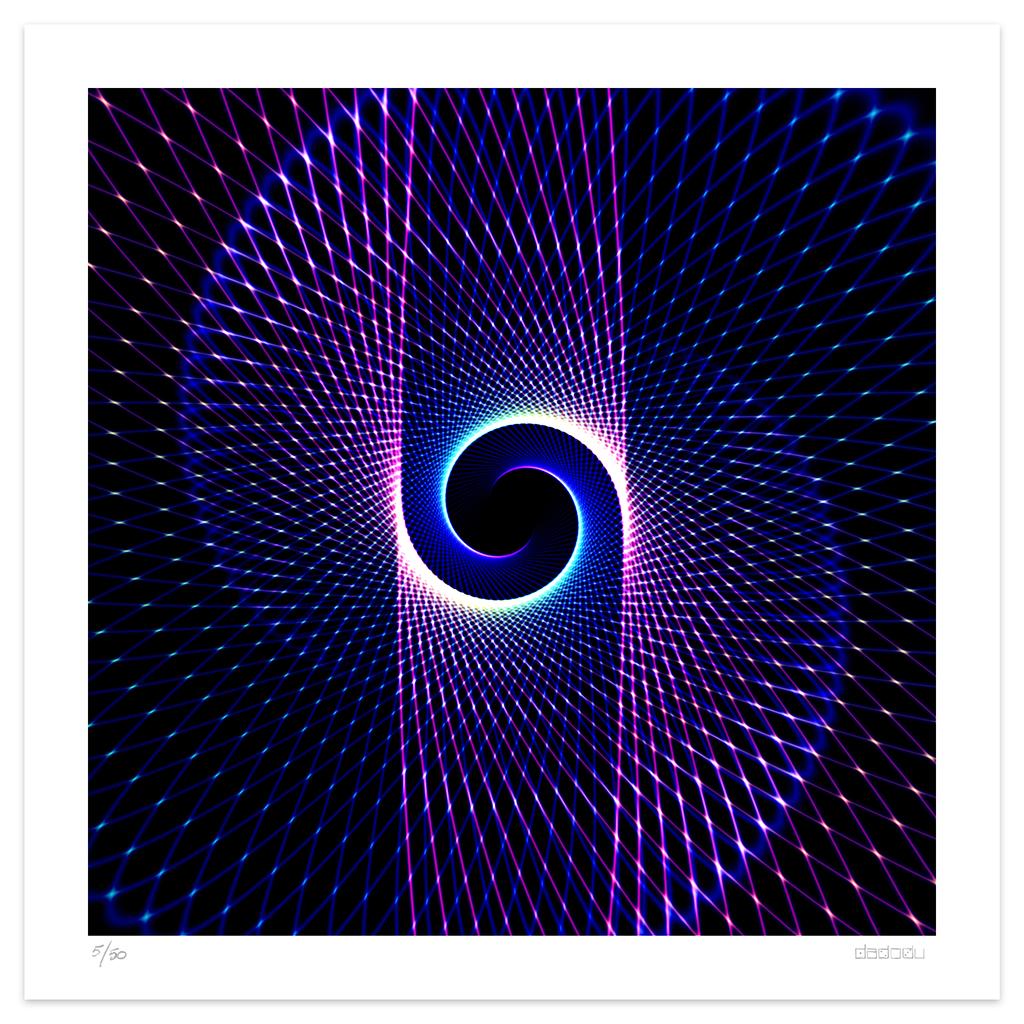 Wormhole  is an enchanting giclée print realized by the contemporary artist  Dadodu in 2010.

This original artwork shows an abstract concentric composition with lights on a black background, recalling the outer space.

Hand-signed on the lower