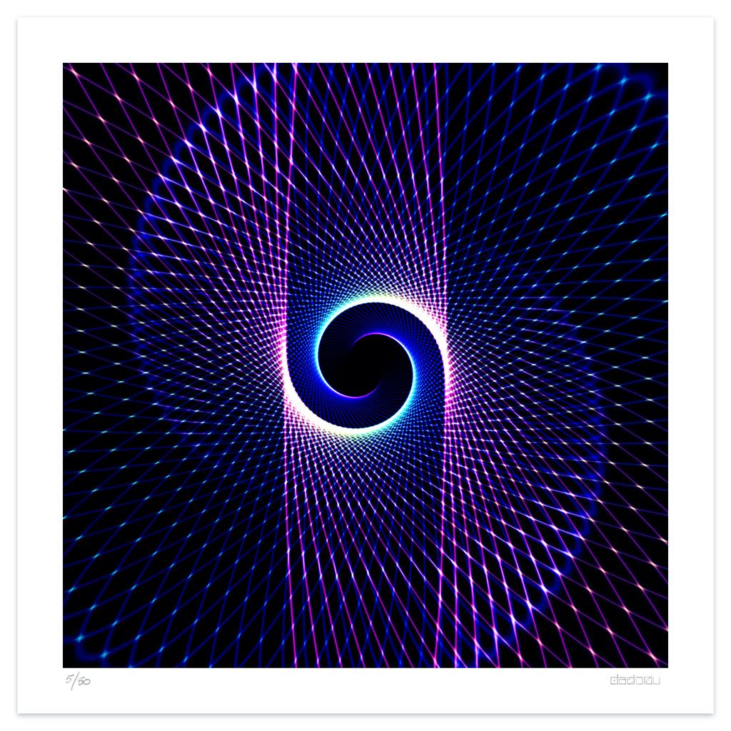 Image dimensions: 70 x 70 cm.

Wormhole is an enchanting giclée print realized by the contemporary artist Dadodu in 2010.

This original artwork shows an abstract concentric composition with lights on a black background, recalling the outer