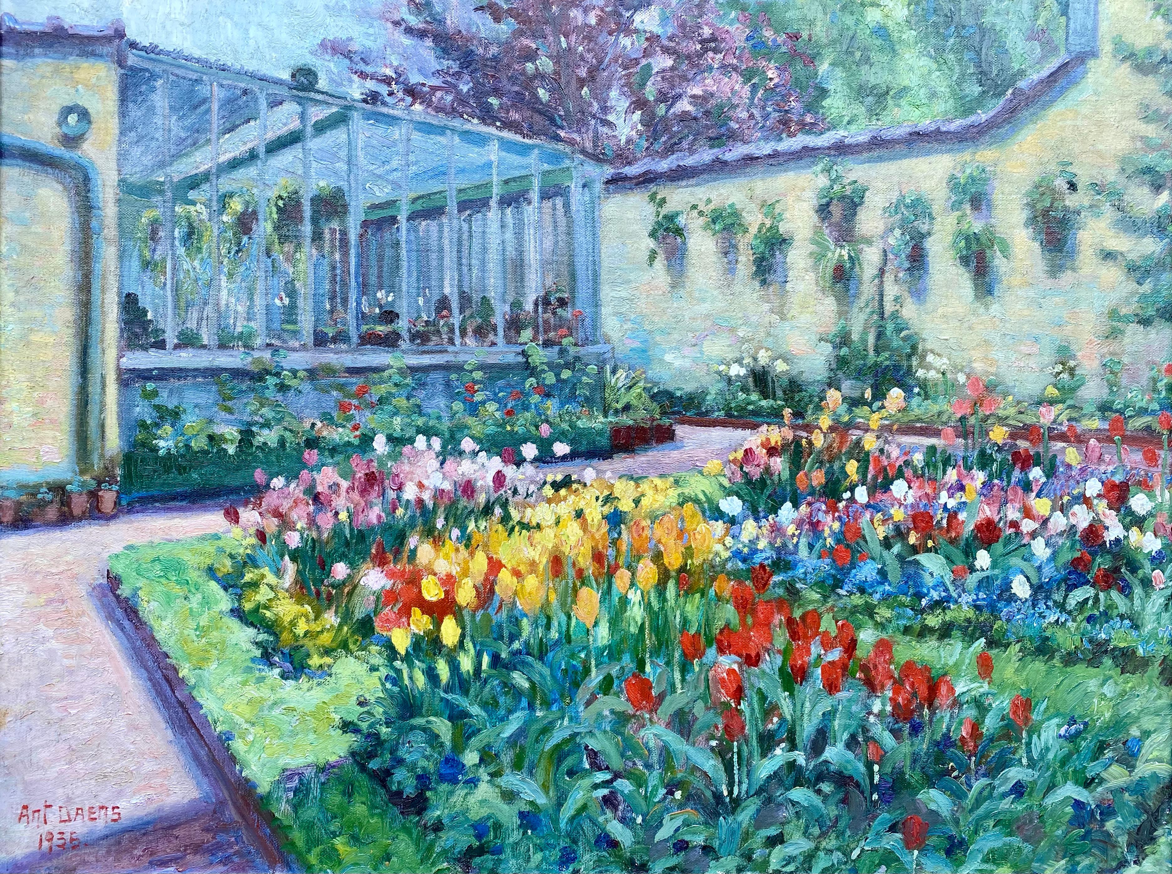 Un jardin avec des tulipes, Antoine Daens, Bruxelles 1871 - 1946, Belge, Signé - Painting de Daens Antoine