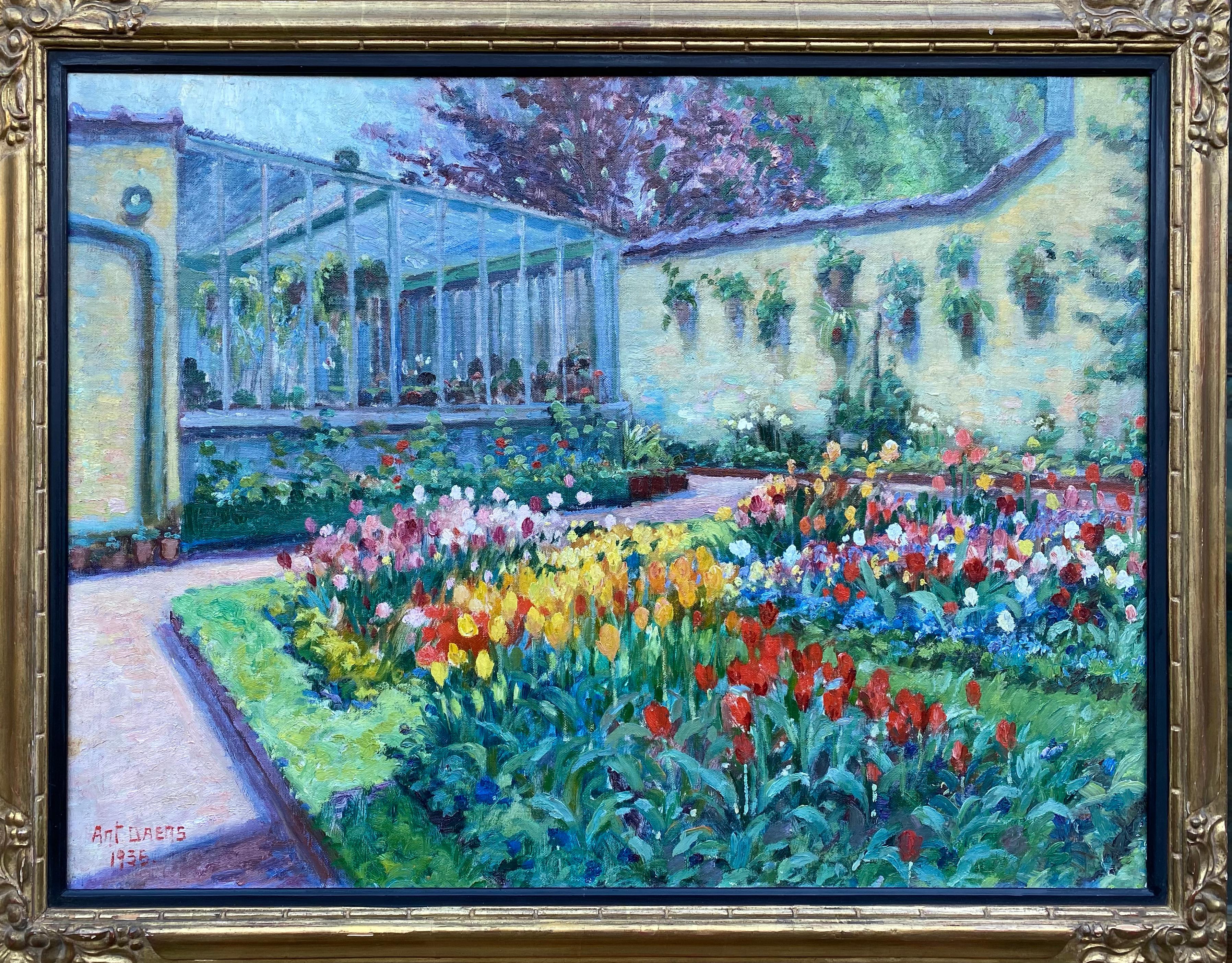 Landscape Painting Daens Antoine - Un jardin avec des tulipes, Antoine Daens, Bruxelles 1871 - 1946, Belge, Signé