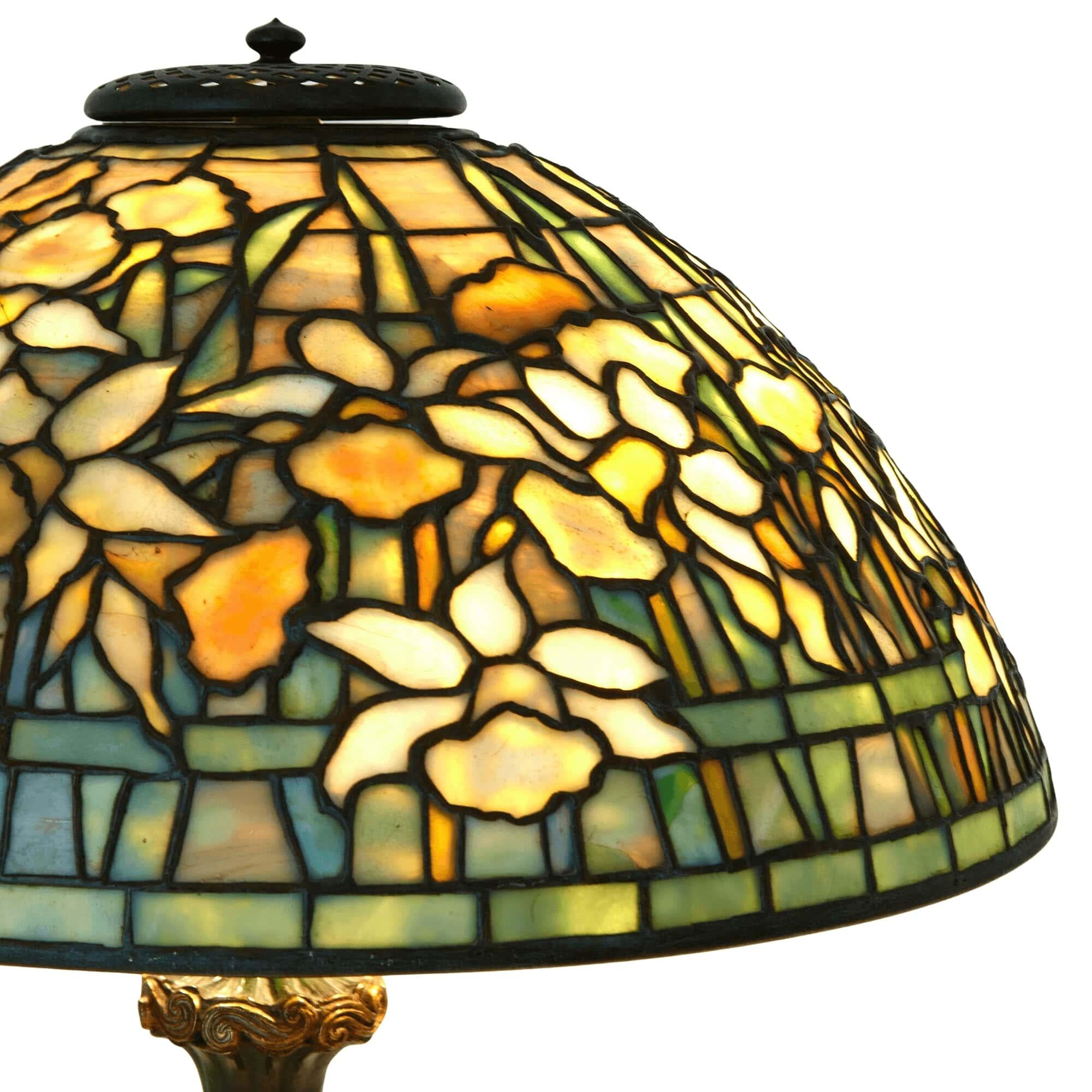 ‘Daffodil’ table lamp by Tiffany Studios
American, c. 1910
Height 56cm, diameter 40cm

Designed and hand-made by the artisans from the renowned Tiffany Studios (1902-1932), this ‘Daffodil’ table lamp is an example of the studio’s creations which are