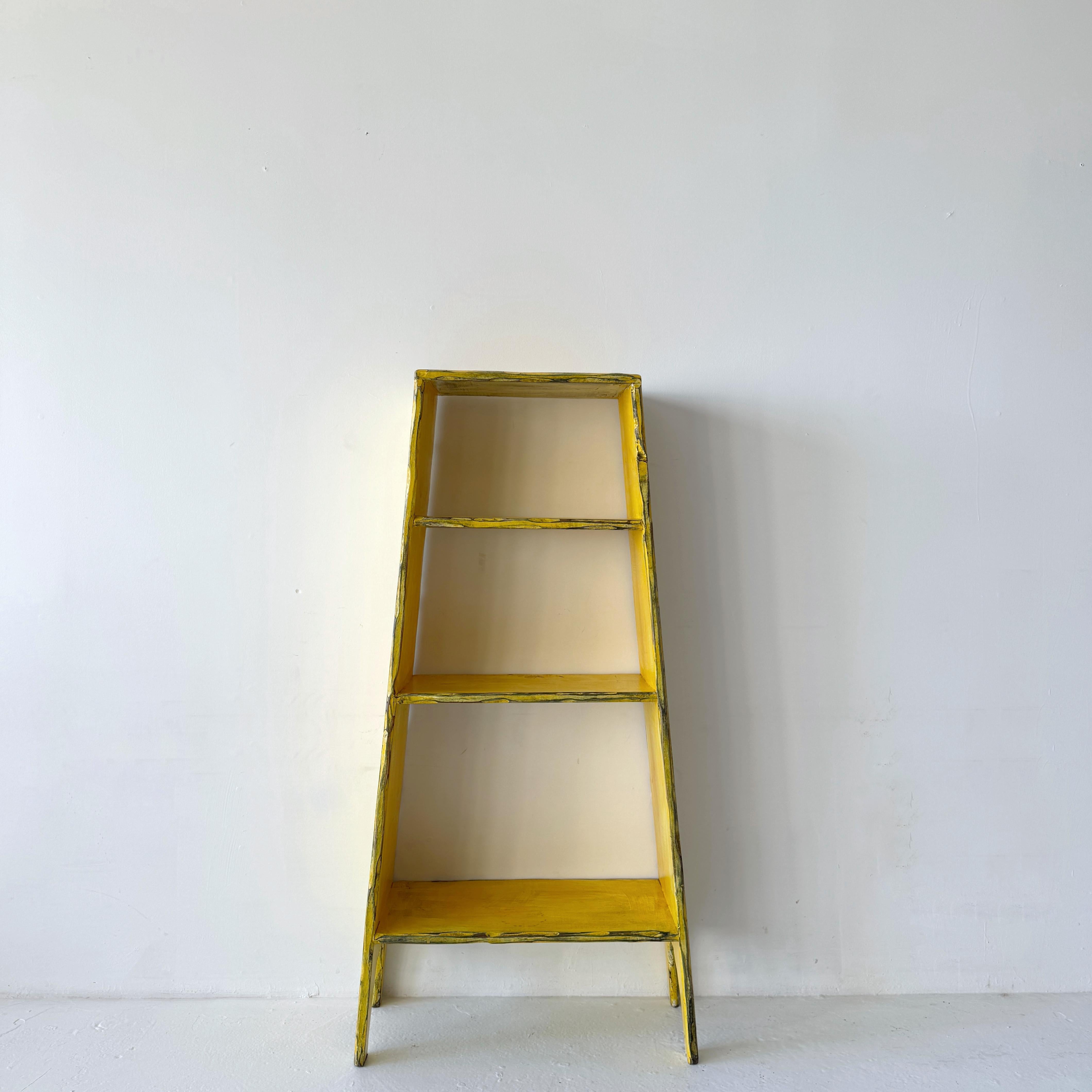 Hand-Carved Daffodil Yellow Artist-Made Bookshelf with Arched Cutouts For Sale