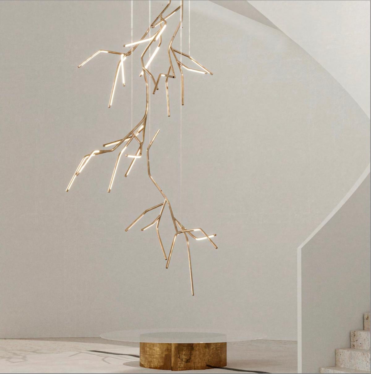 Dafne pendant light sculpted large by Morghen Studio
Materials: Grinded brass, LED Light, silicone
Dimensions: 120 x 120 x 400 cm

Made to order dimensions are possible.
We can customize all its details and give a complete service of 3D