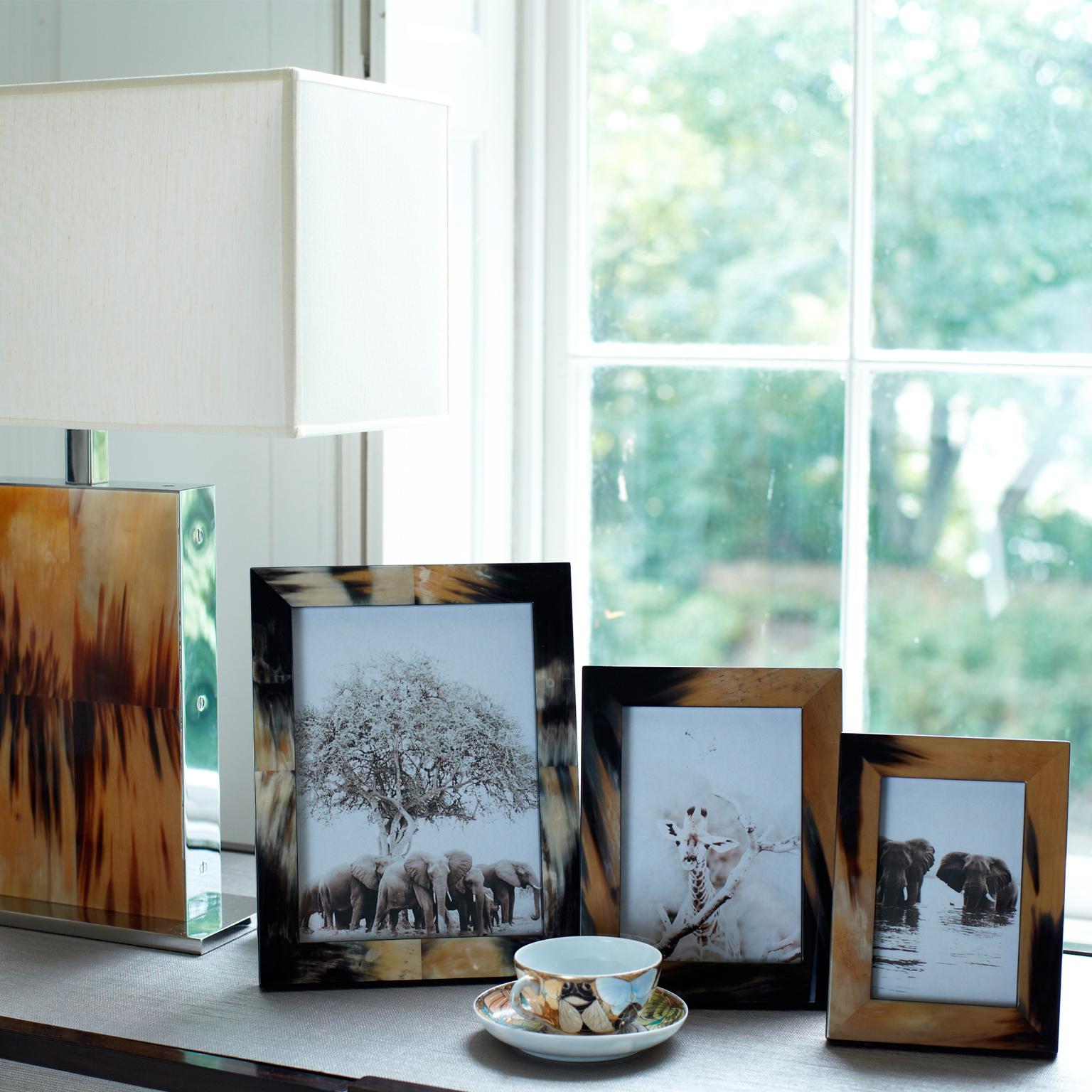 The most distinctive way to display your treasured photo memories, Dafne picture frame is crafted from natural Corno Italiano and sports desirable white, cream, and brown nuances. Corno Italiano grains work harmoniously with the frame back and