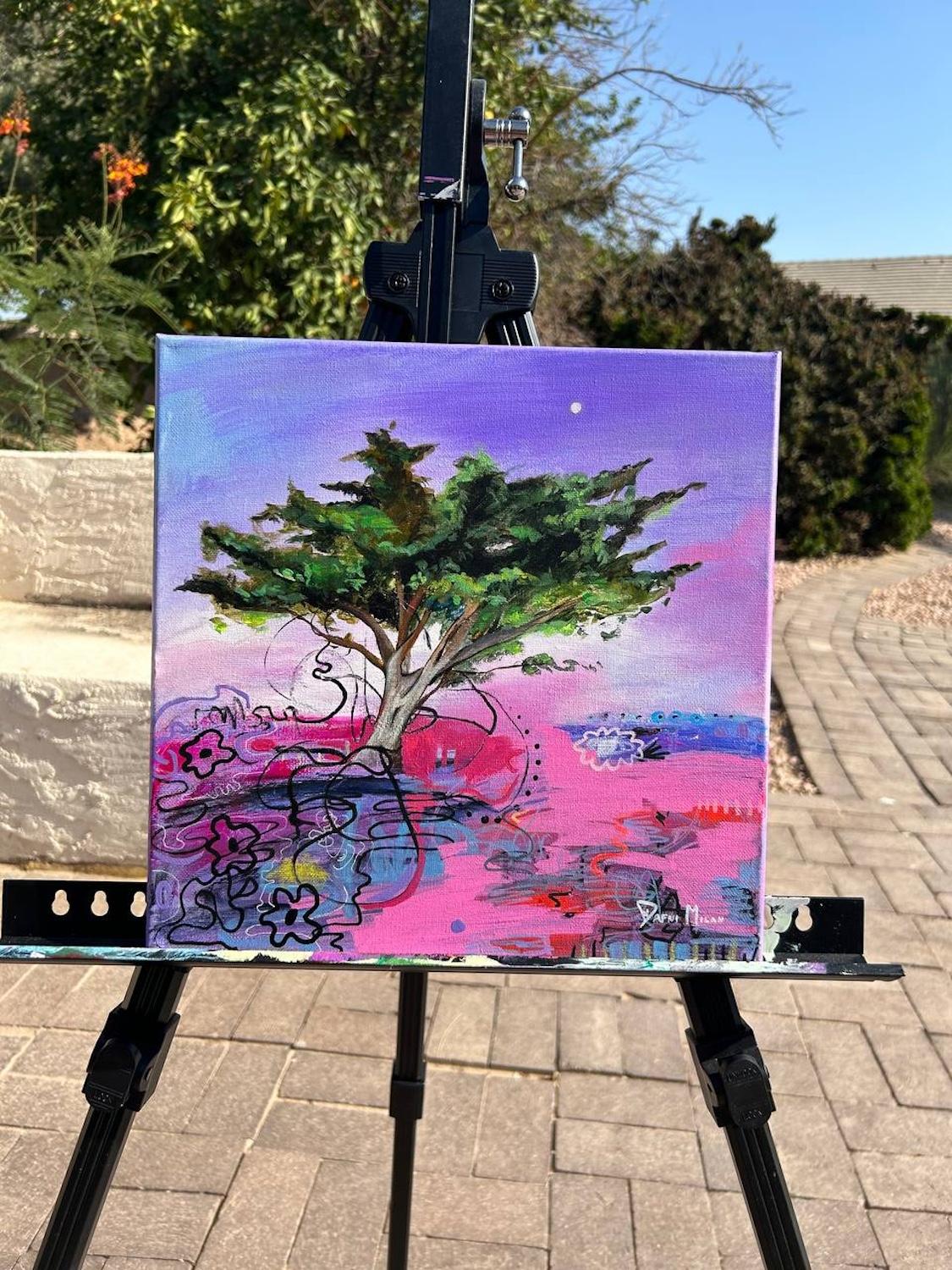 <p>Commenti dell'artista<br />I rami si allungano verso un cielo viola, con foglie verdi che contrastano con lo sfondo colorato. Le radici si estendono in un surreale terreno rosa e blu, dove interagiscono motivi vorticosi ed elementi floreali.